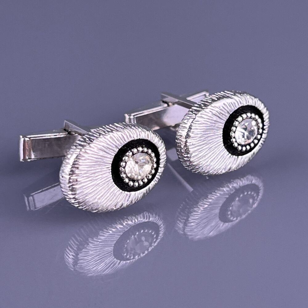 White Rhinestone Oval Lines Cufflinks Silver Tone Rays Burst Simple Vintage